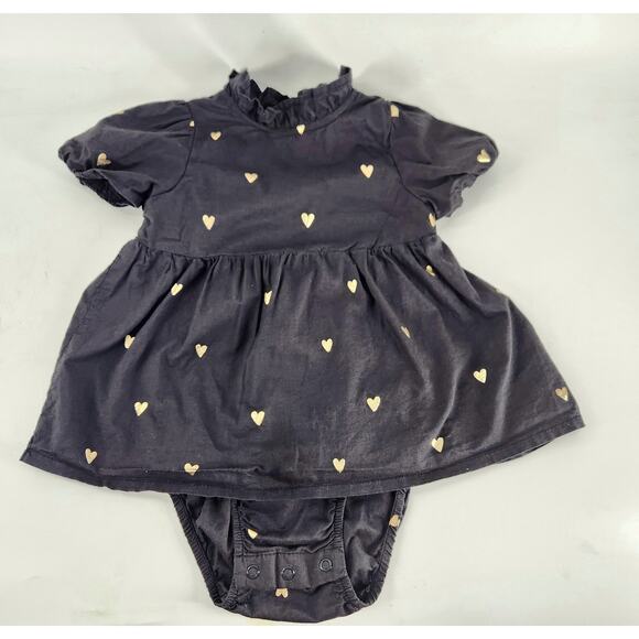 H&M One Piece Mini Dress Infant Baby 12-18M Black Gold Heart Print Puff Sleeves - Picture 1 of 5